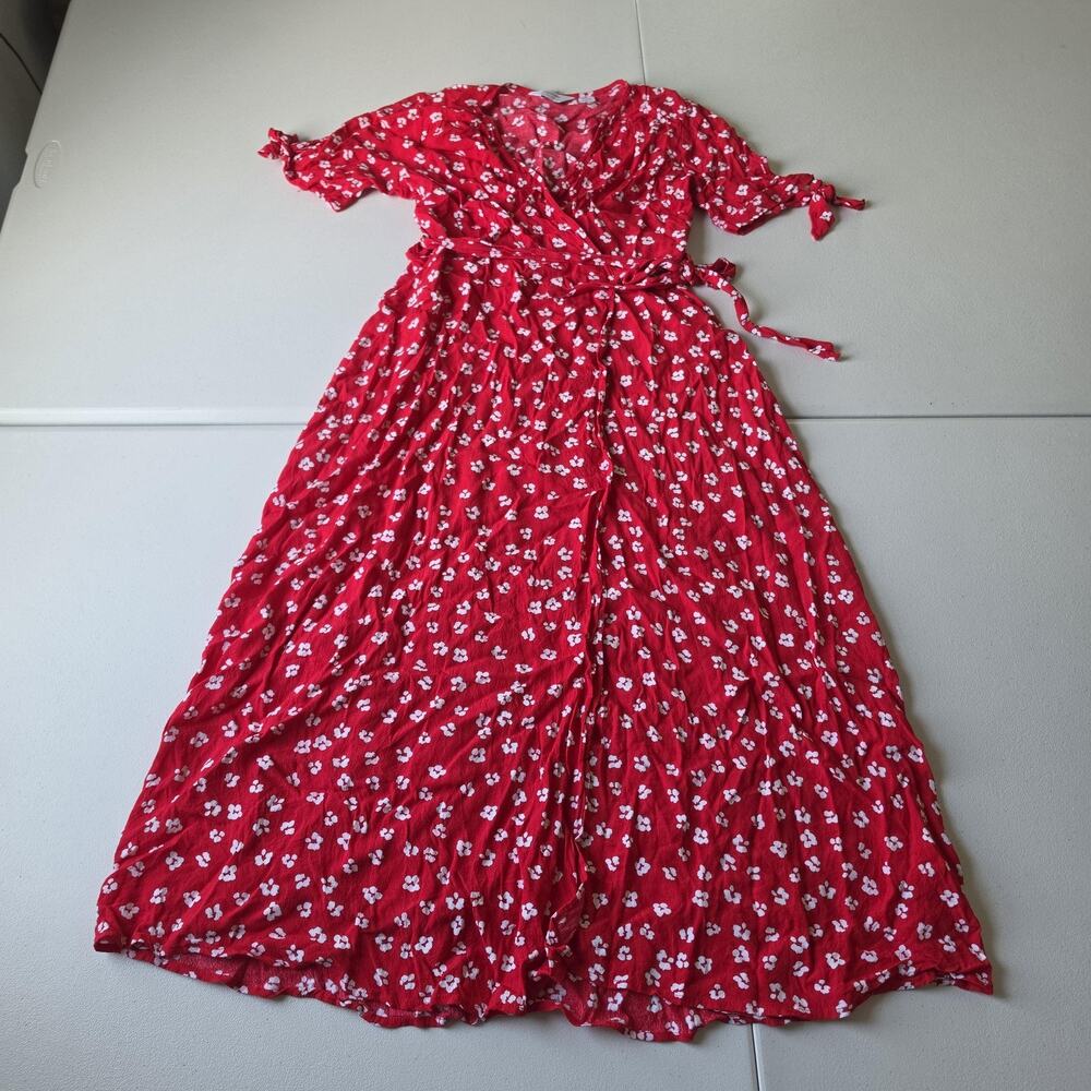 Seraphine Dress Maternity Womens 4 Red Floral Wrap Maxi Short Sleeve Belted